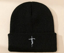 Load image into Gallery viewer, Faith Cross Embroidery Graphic Beanie Black Elastic Knit Hats Unisex